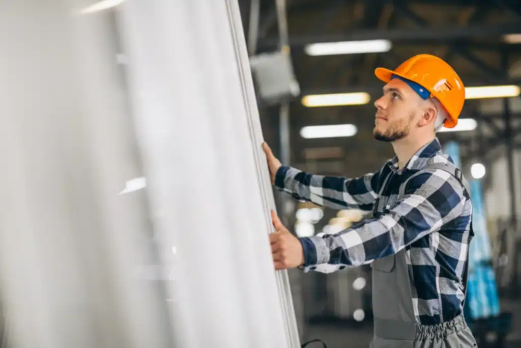 Factory worker in a hard hat inspecting large metal panels in a manufacturing facility.