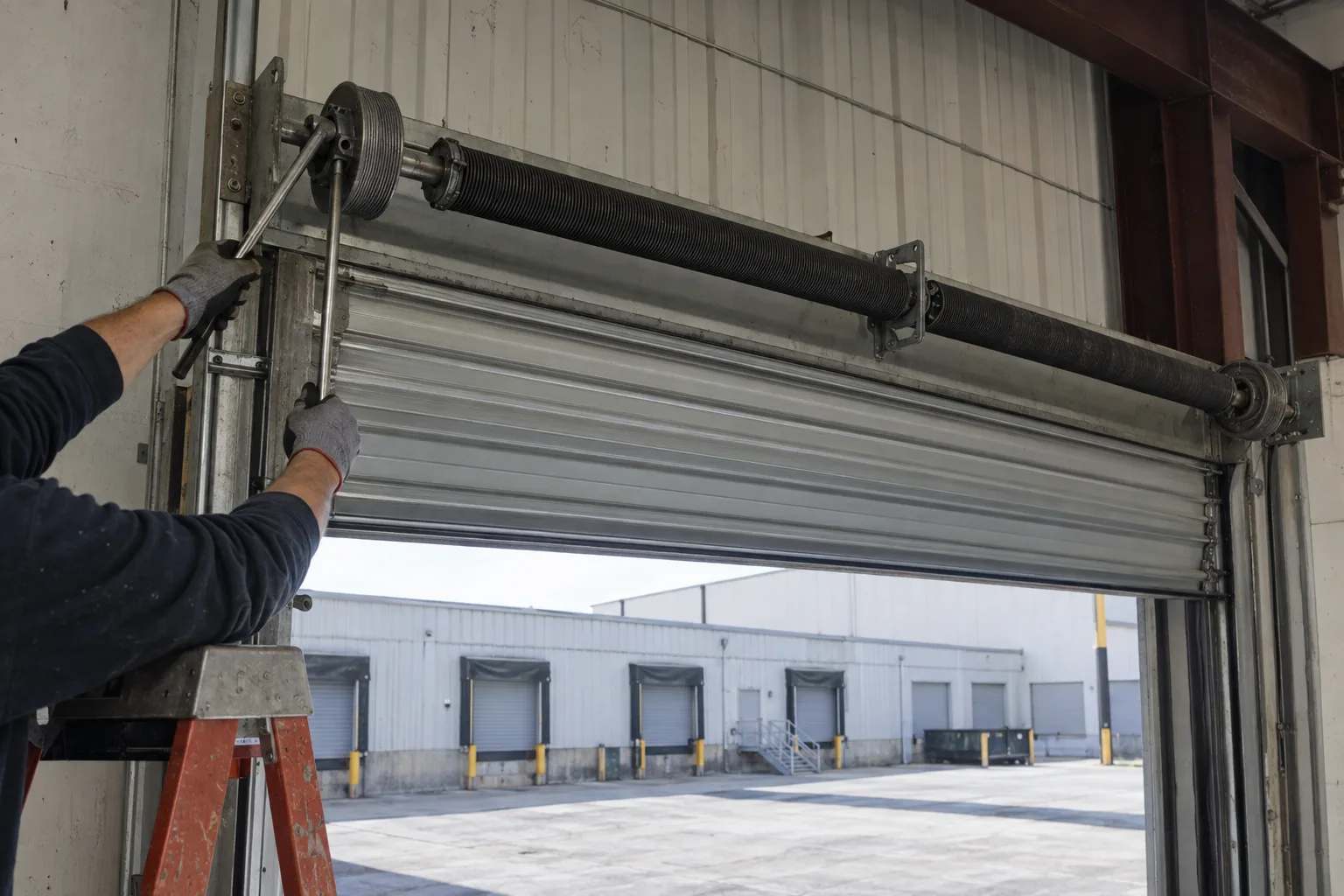Close view of a technician's gloved hands adjusting the torsion spring hardware on the interior frame of a commercial roll-up steel door at a concrete loading dock in an industrial setting