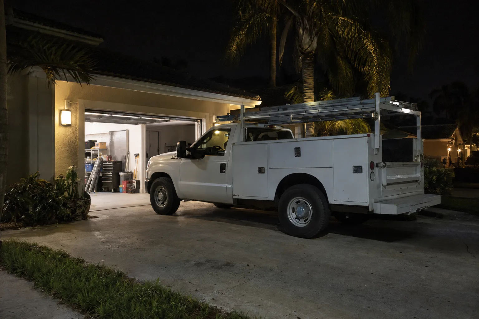 A white service truck parked in a residential driveway at night next to an open garage, work lights illuminating the garage interior and surrounding concrete, palm trees visible in the dark background