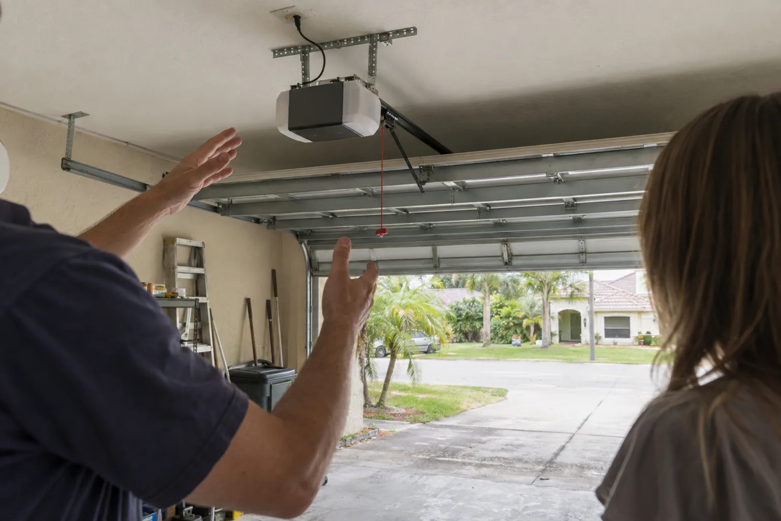 Interior of a residential garage in Orlando with a ceiling-mounted garage door opener visible on its rail above the door tracks, two people shown from behind appearing to discuss the equipment, warm daylight entering through the open garage door