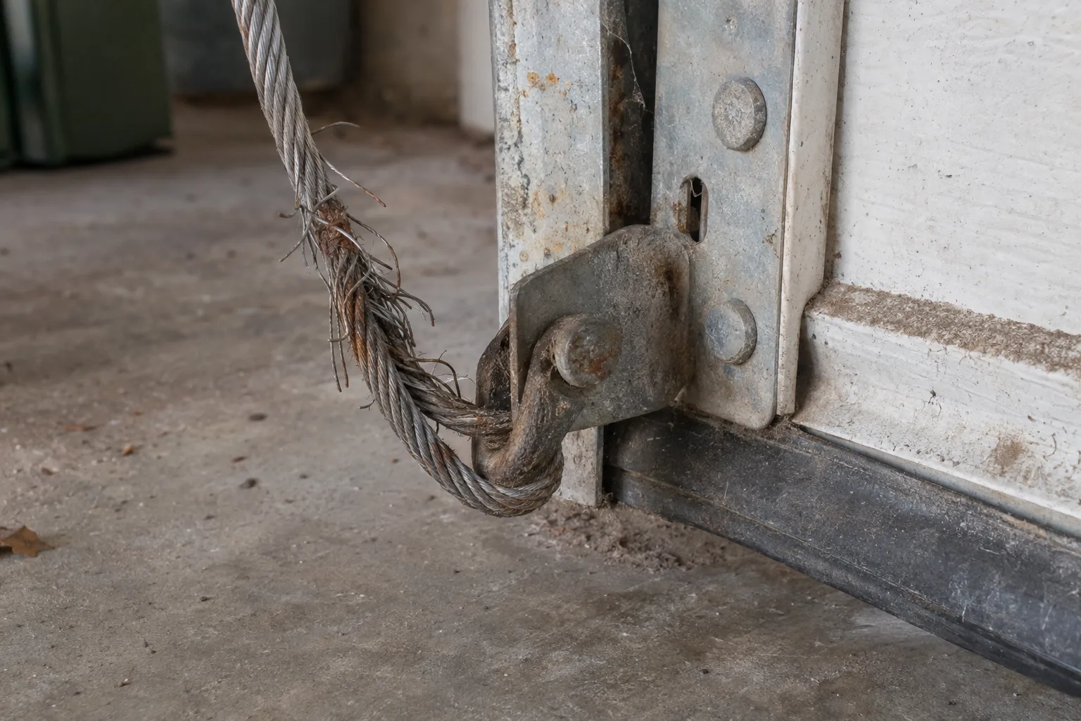 Close-up of a frayed and corroded galvanized lift cable attached to the bottom bracket of a residential garage door, with splayed wire strands indicating wear