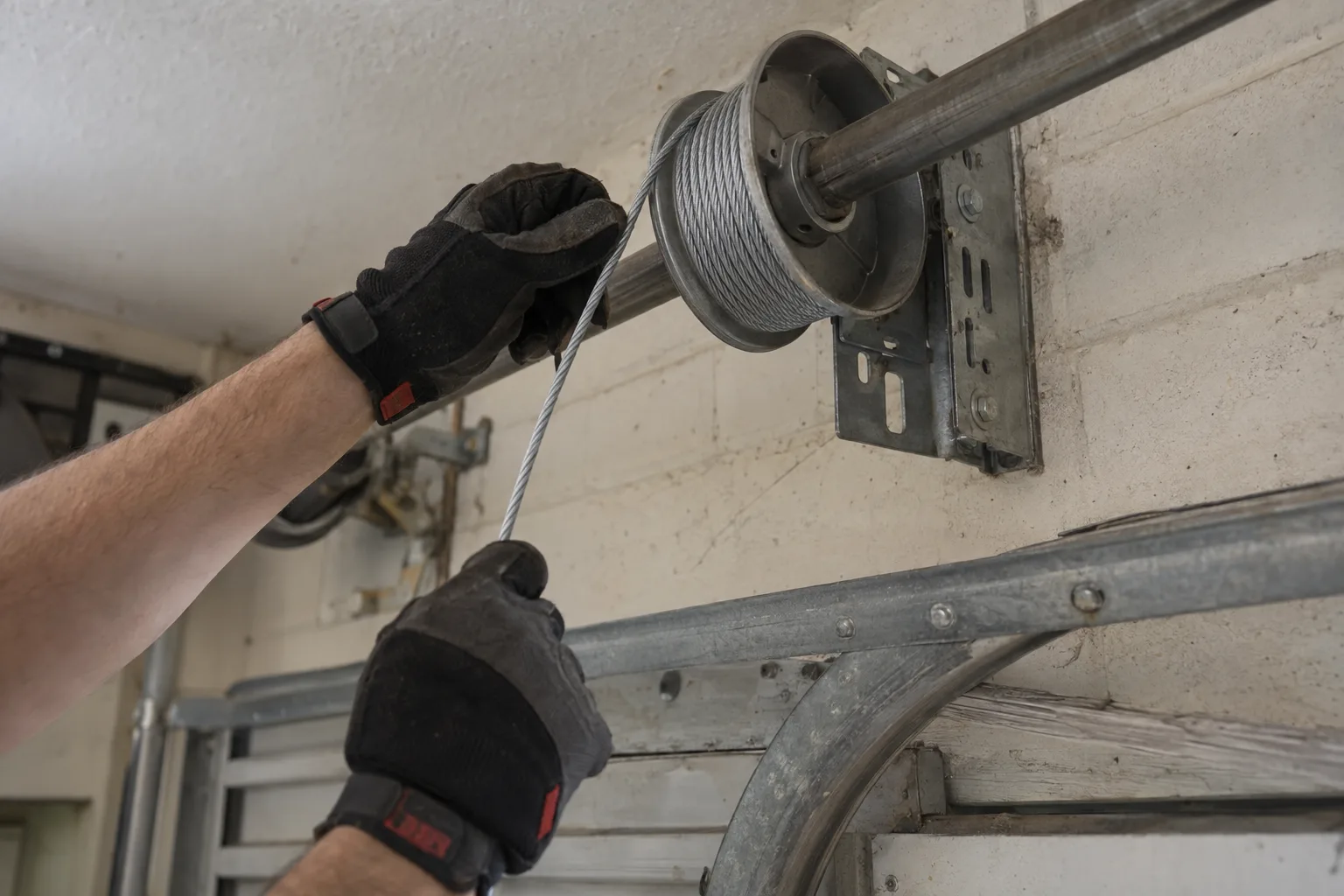 Gloved hands routing a new lift cable onto a cable drum mounted on the torsion shaft above a residential garage door interior