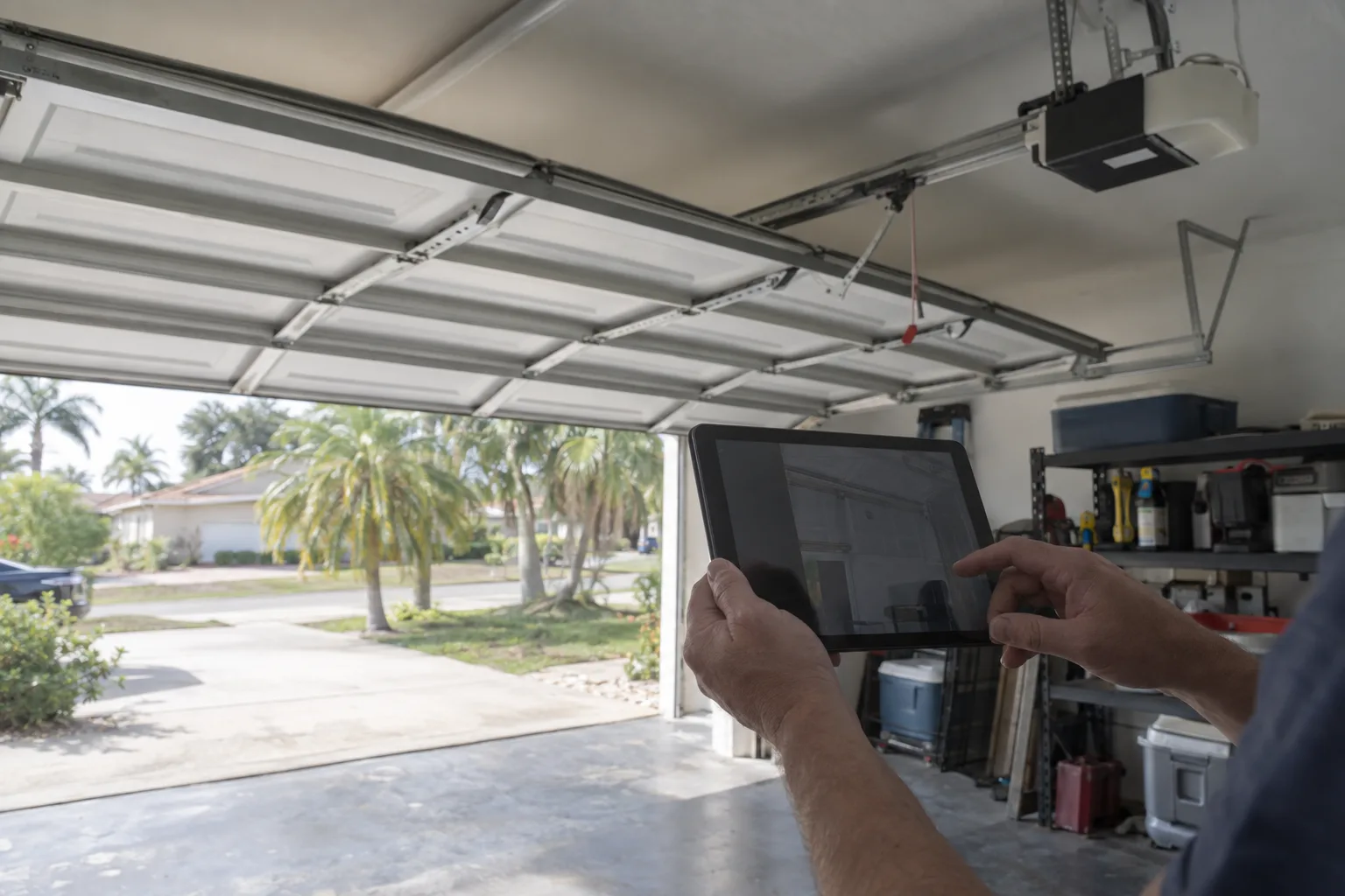 Hands holding a tablet inside a bright residential garage, with natural daylight entering through the open garage door and a white garage door and opener mechanism visible overhead