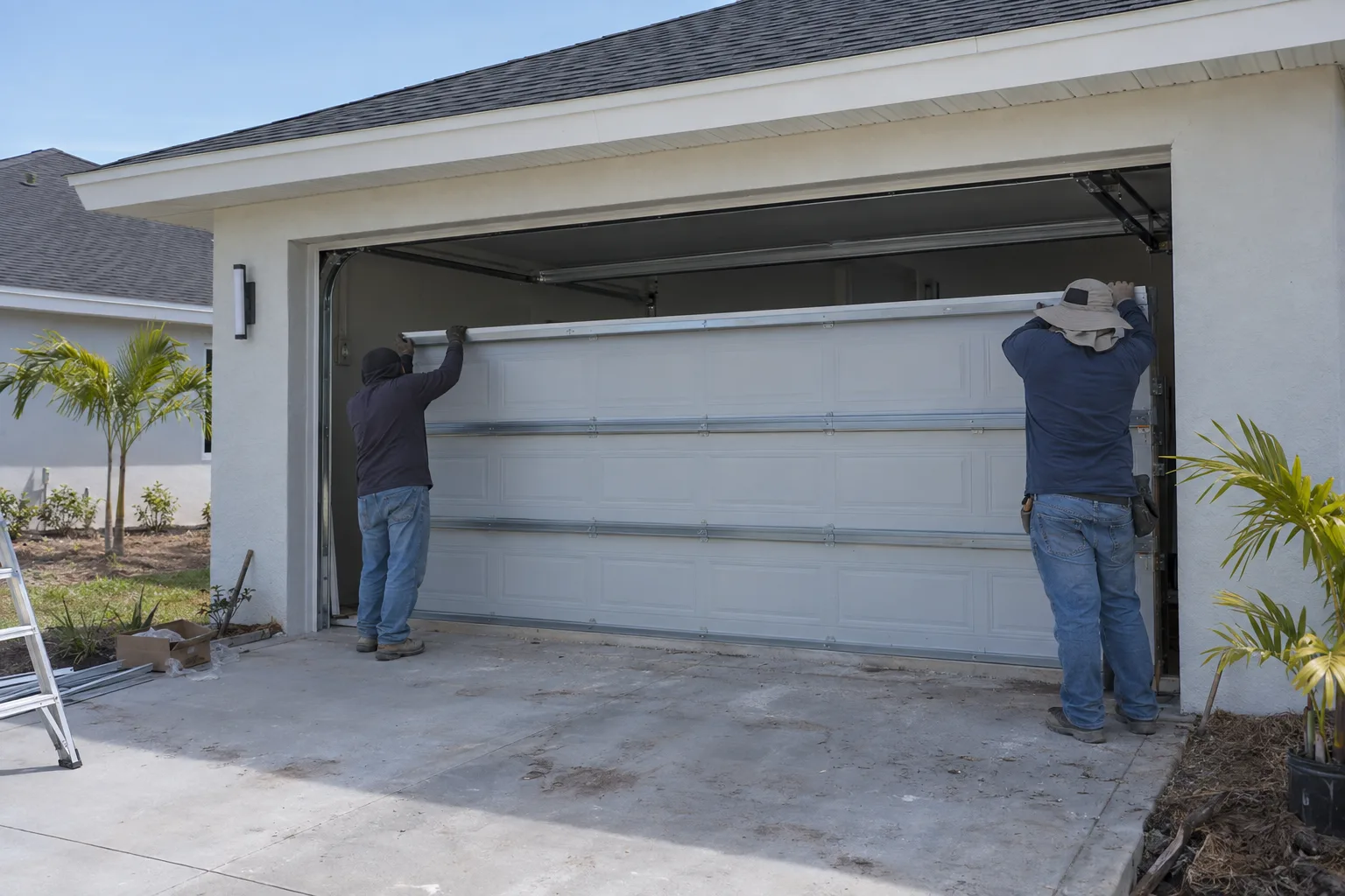 Two workers seen from behind installing sectional garage door panels in the opening of a new-construction stucco home on a sunny Orlando day, with horizontal tracks mounted inside the garage and a concrete driveway in the foreground