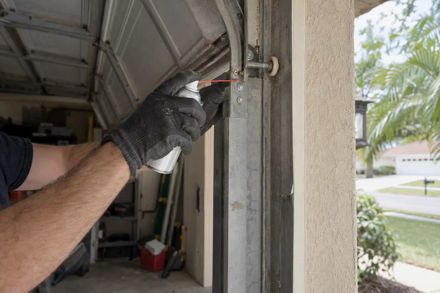 Gloved hands spraying lubricant onto the hinges and rollers of a residential garage door track, with a concrete driveway and stucco exterior visible in warm afternoon light