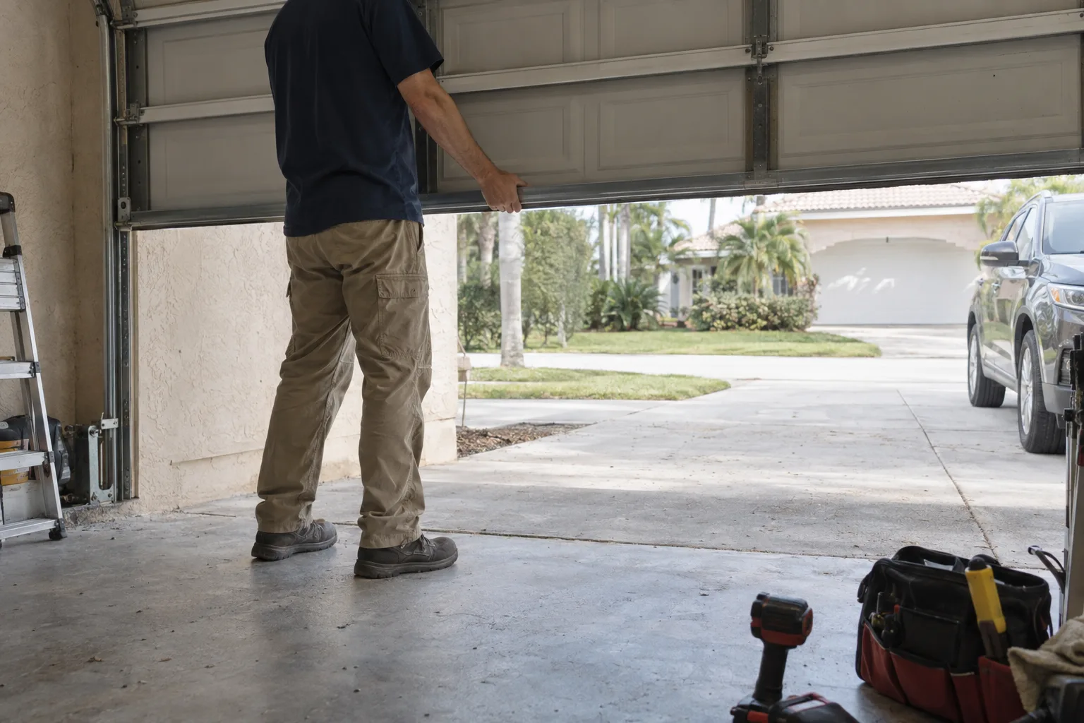 A technician's hands releasing a residential garage door held at mid-height to test its balance, with a stucco garage interior and open driveway visible in the background