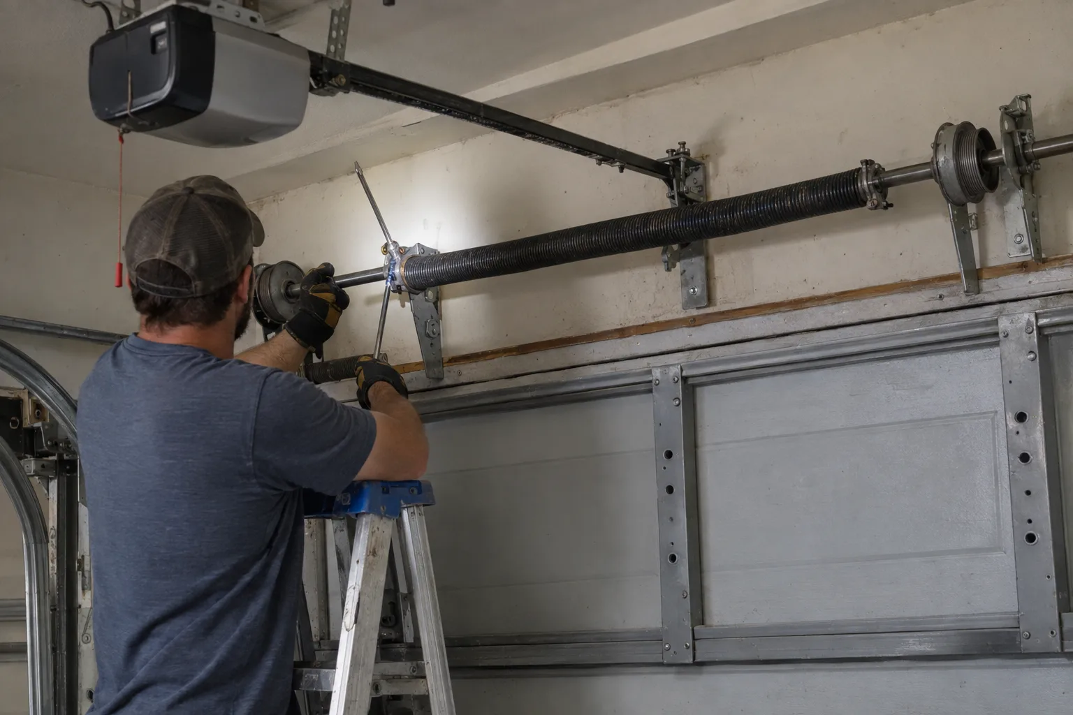 Inside a residential garage, gloved hands aim a flashlight at torsion spring hardware correctly mounted above the closed garage door header, with a ceiling-rail opener unit visible in the background and diagnostic hand tools resting on the concrete floor