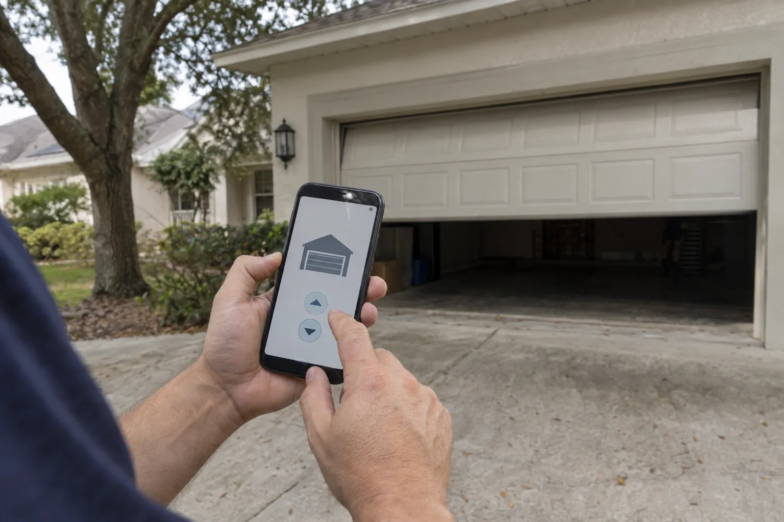 Hands holding a smartphone with a garage door control app in a sunny residential driveway, with a partially open garage door visible in the blurred background and Florida live oak trees nearby