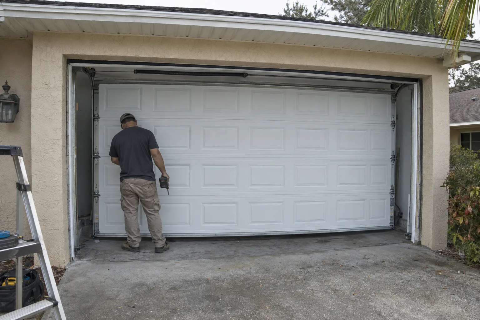 Rear view of a technician standing beside a newly installed white sectional garage door on a stucco suburban home, with palm vegetation visible and bright Florida morning sunlight