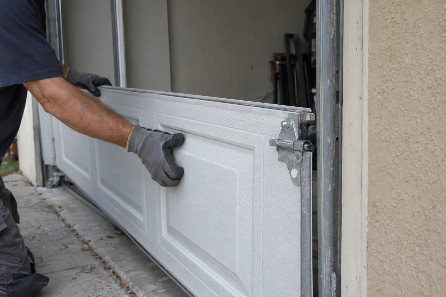 A technician's gloved hands guiding a white replacement garage door panel into position within the door tracks on a residential stucco home, with hinges and track hardware clearly visible
