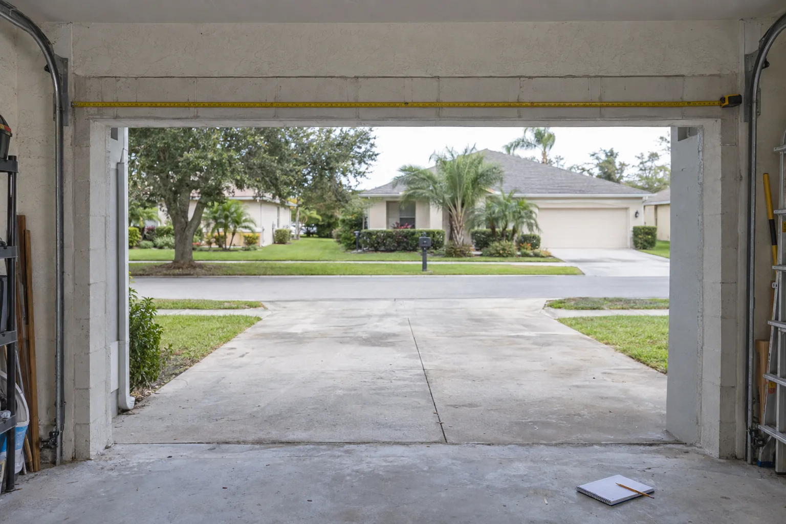 Interior view of a residential garage in Florida showing a tape measure stretched across the rough opening header, with a notepad and pencil on the concrete floor, daylight visible through the open bay