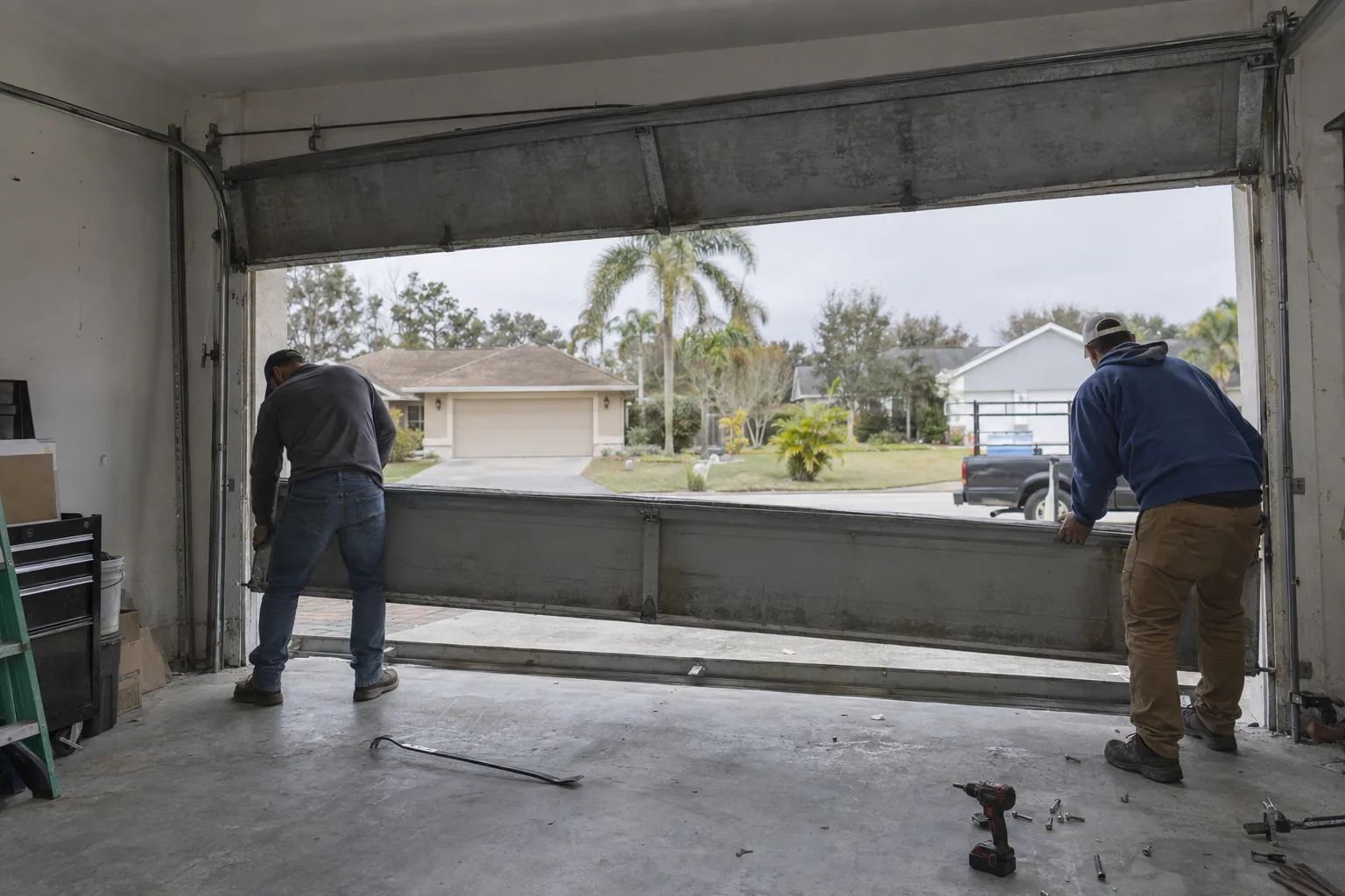 Two workers with their backs to the camera removing old, weathered garage door panels inside a residential garage, with door tracks still mounted on the side walls and tools on the concrete floor, daylight coming through the open garage entrance