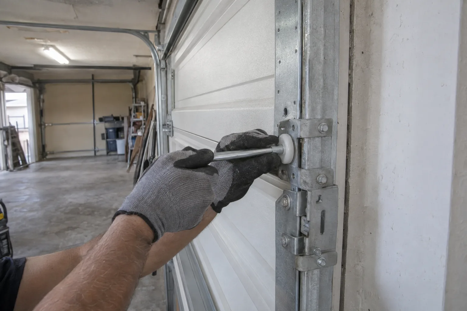 Gloved hands fitting a new roller stem into a garage door track bracket inside a residential garage, with a white sectional door panel visible in the background
