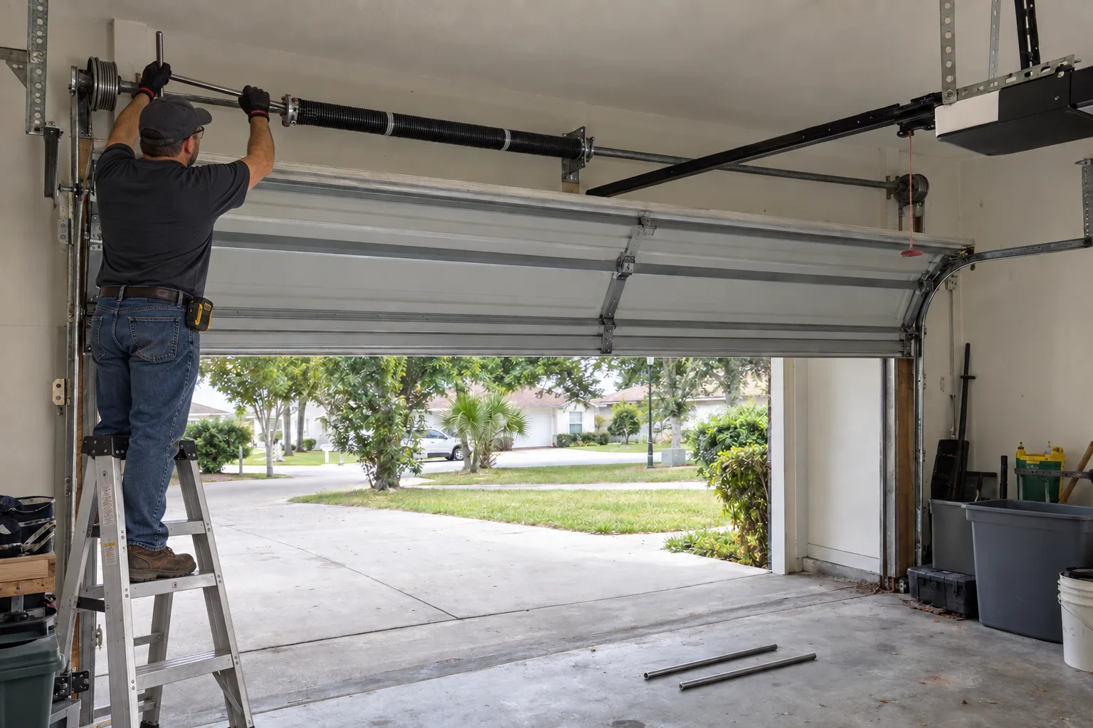 A new torsion spring mounted on the torsion bar above a residential garage door, viewed from inside the garage, with two winding bars resting on the concrete floor nearby
