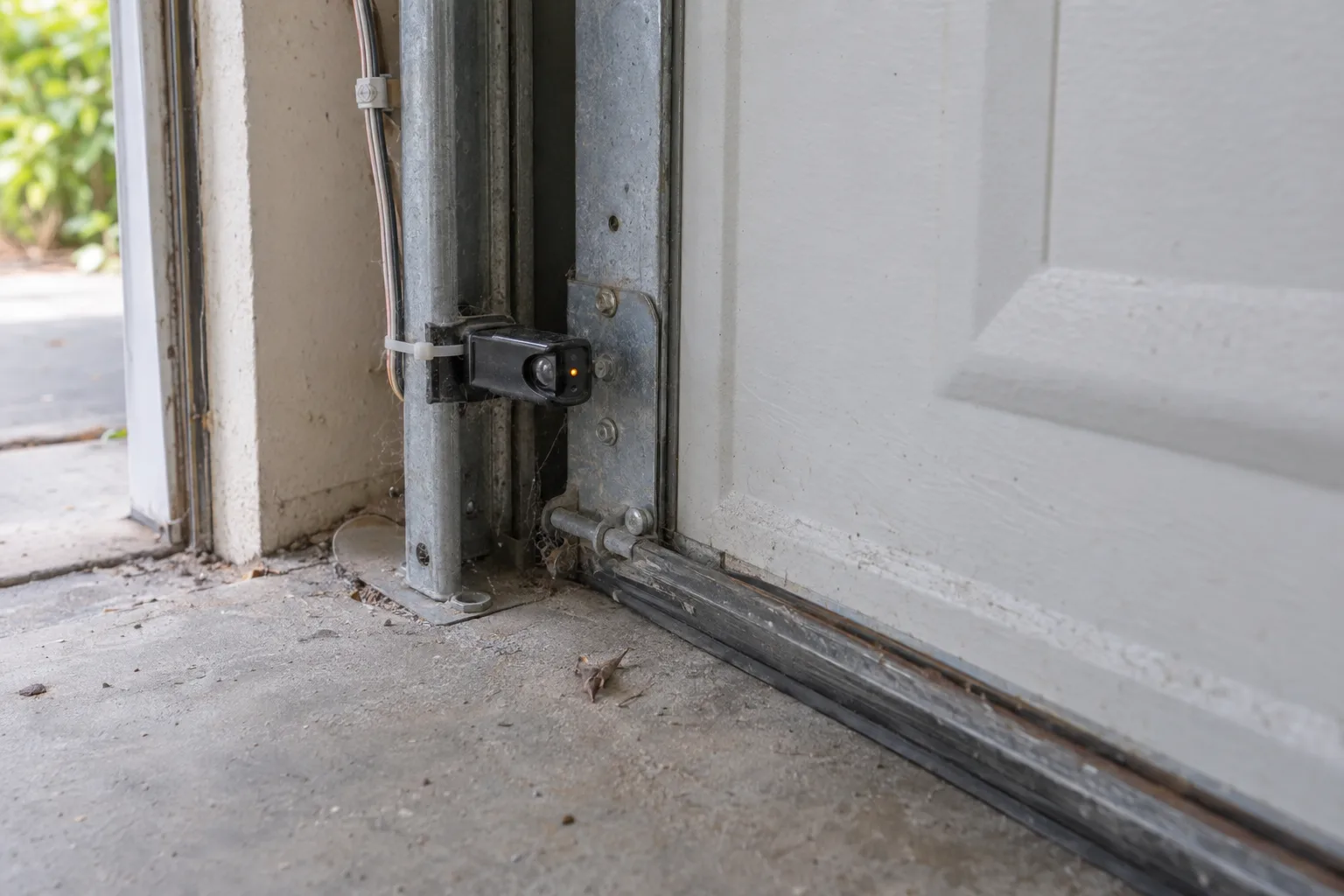 Close-up of a photo-eye safety sensor clamped to the lower bracket of a residential garage door track, a few inches above a concrete garage floor, with soft daylight from outside