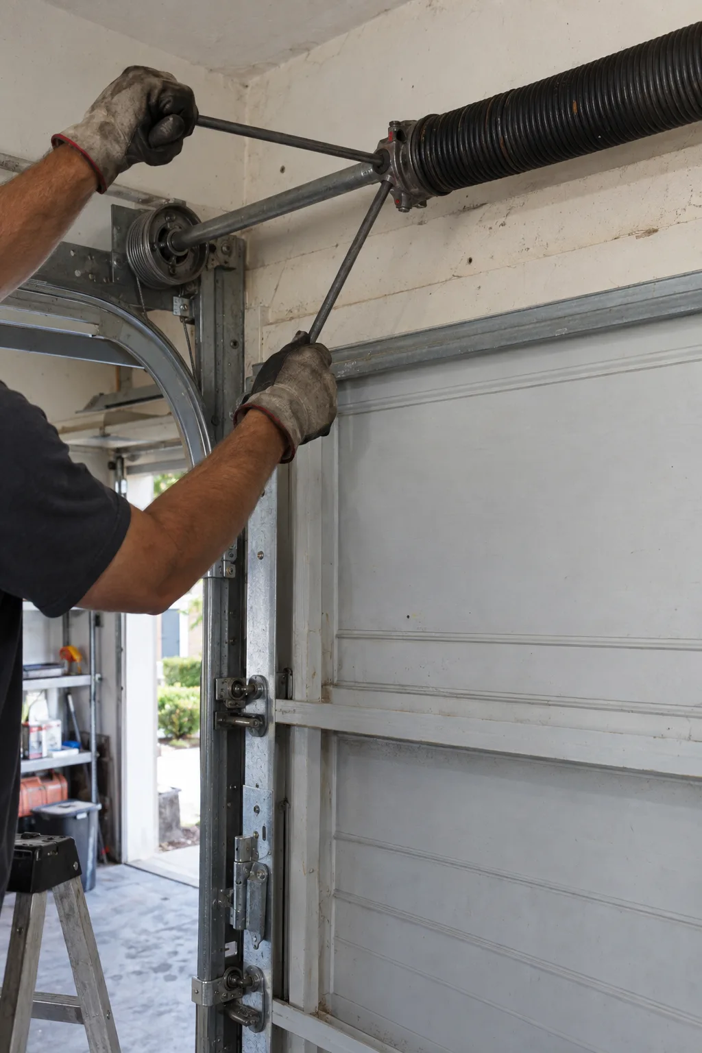 Close view of gloved hands working on a torsion spring mounted on the shaft above a closed residential garage door, photographed from inside the garage in natural daylight