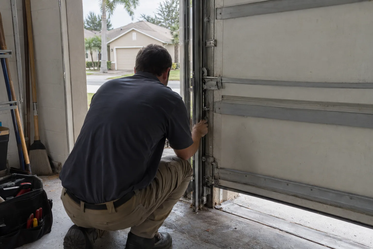 Technician crouching beside an open garage door, inspecting the steel lift cables and rollers along the vertical track inside a residential garage, with a Florida stucco home visible outside