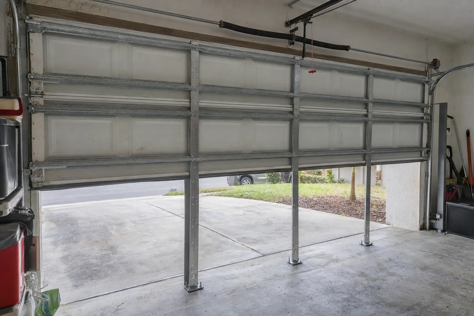 Inside a residential Orlando garage, a white steel garage door is fitted with horizontal steel reinforcement struts spanning each panel and vertical storm brace columns anchored at the floor and header