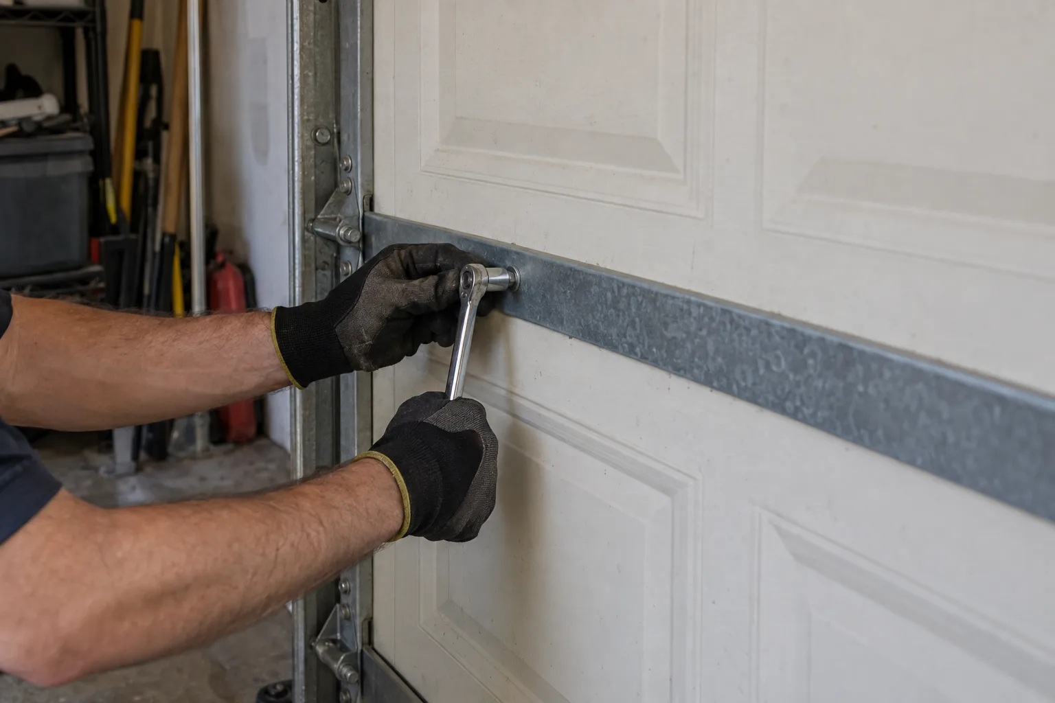 A technician's gloved hands use a socket wrench to tighten a bolt fastening a horizontal steel reinforcement strut to the interior face of a residential garage door panel
