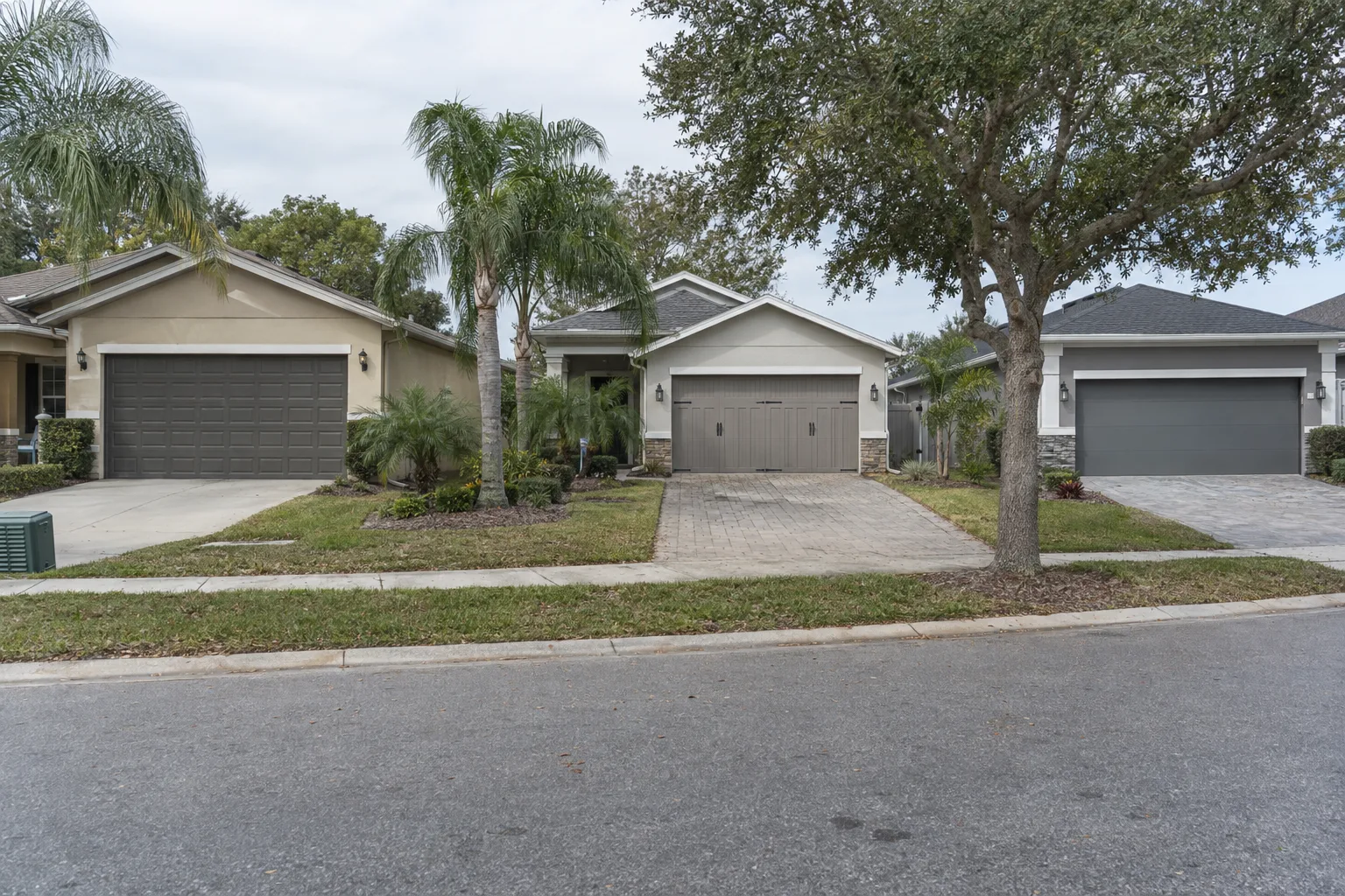 Three adjacent single-story stucco homes on a sunny Orlando street, each fitted with a different style of new garage door - raised-panel steel, carriage-house, and flush modern - with palm trees and live oaks in the foreground