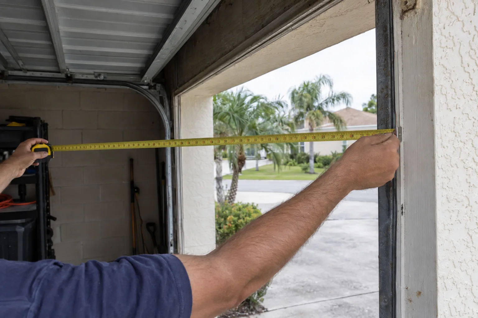 A technician's hands stretching a steel tape measure across the full width of a garage door opening inside a Florida home, with concrete floor and stucco block walls visible