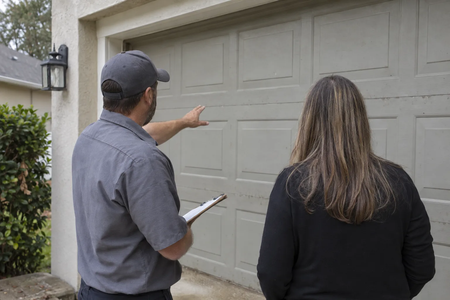 A garage door technician and a homeowner, both seen from behind, standing beside a residential garage door as the technician gestures toward it while holding a clipboard, in a sunny Florida suburb